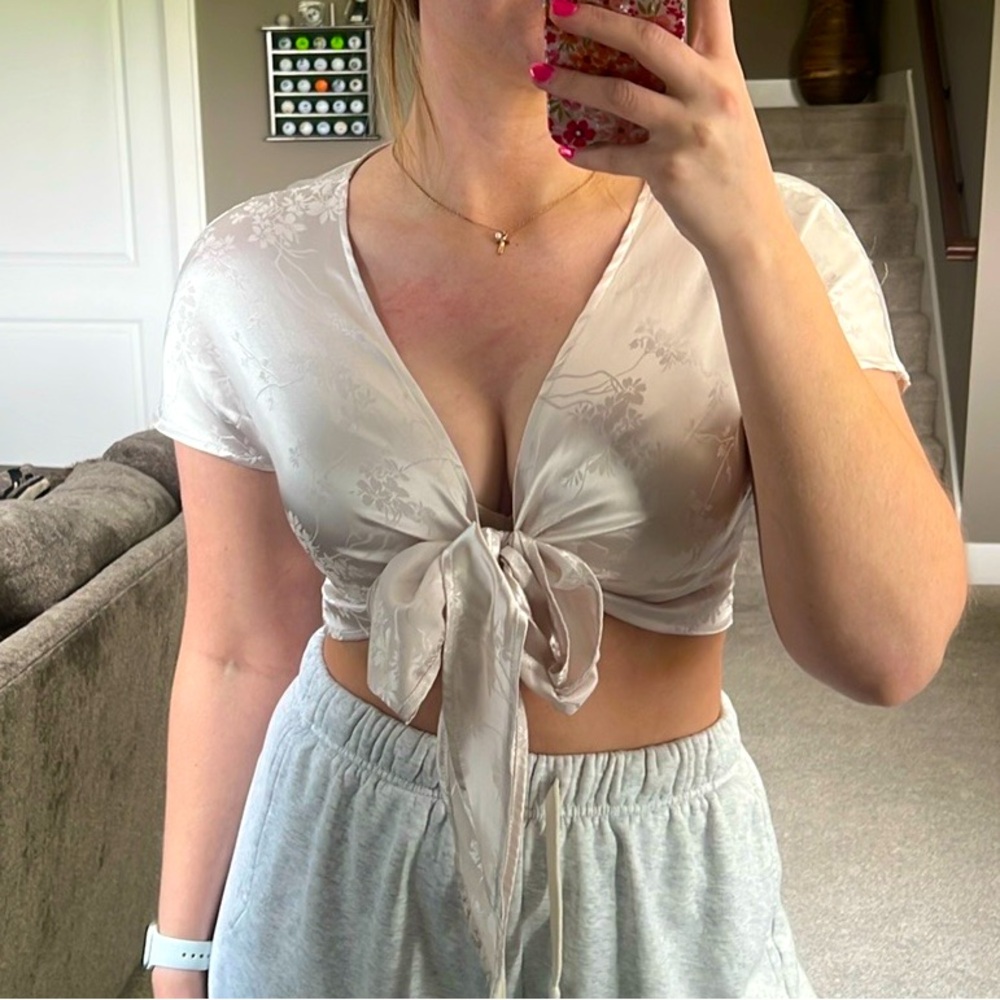 Floral Satin Tie-Front Top